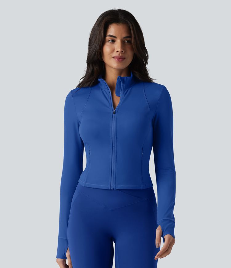 SoftlyZero™ Plush Stand Collar Long Sleeve Thumb Holes Twisted Back Breathable Mesh Yoga Jacket with Pockets