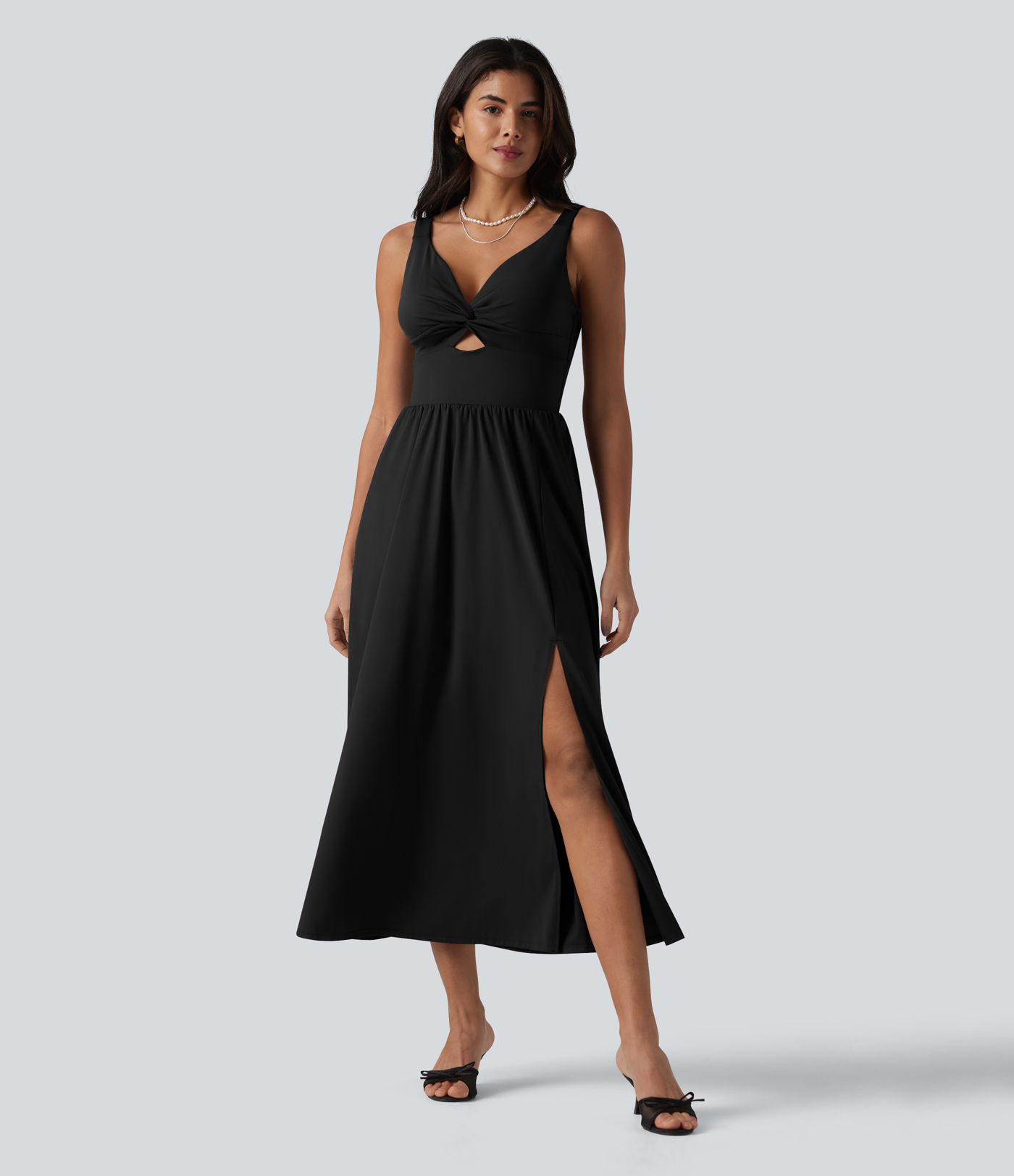 SoftlyZero™ Airy V Neck Non-Removable Pad Sleeveless Cool Touch Midi Dress with Pockets D-F