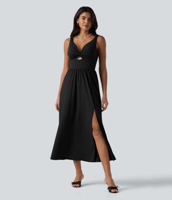 SoftlyZero™ Airy V Neck Non-Removable Pad Sleeveless Cool Touch Midi Dress with Pockets D-F