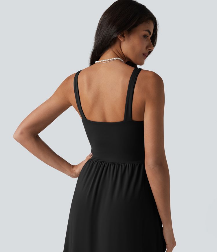 SoftlyZero™ Airy V Neck Non-Removable Pad Sleeveless Cool Touch Midi Dress with Pockets D-F