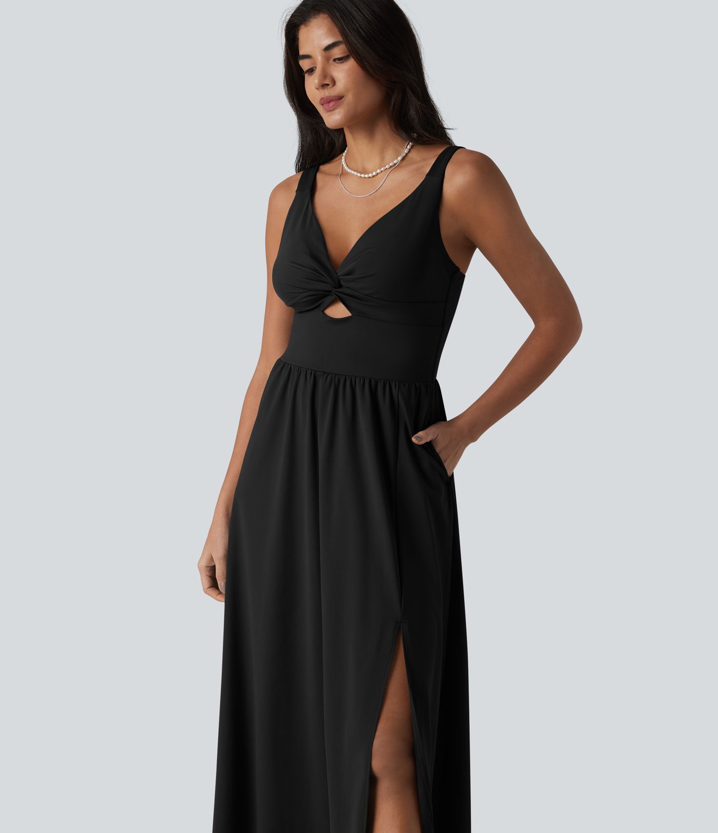 SoftlyZero™ Airy V Neck Non-Removable Pad Sleeveless Cool Touch Midi Dress with Pockets D-F