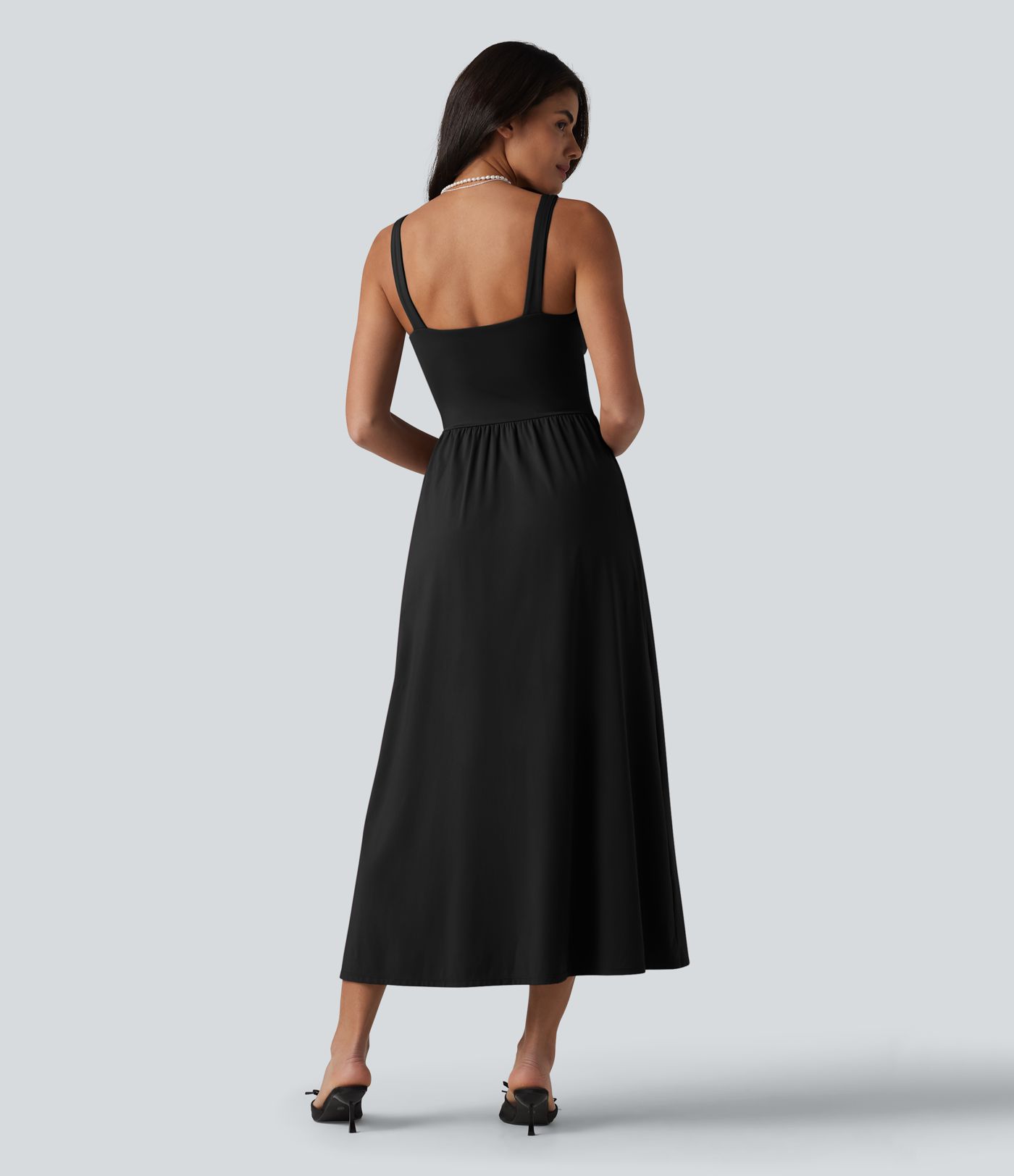 SoftlyZero™ Airy V Neck Non-Removable Pad Sleeveless Cool Touch Midi Dress with Pockets D-F