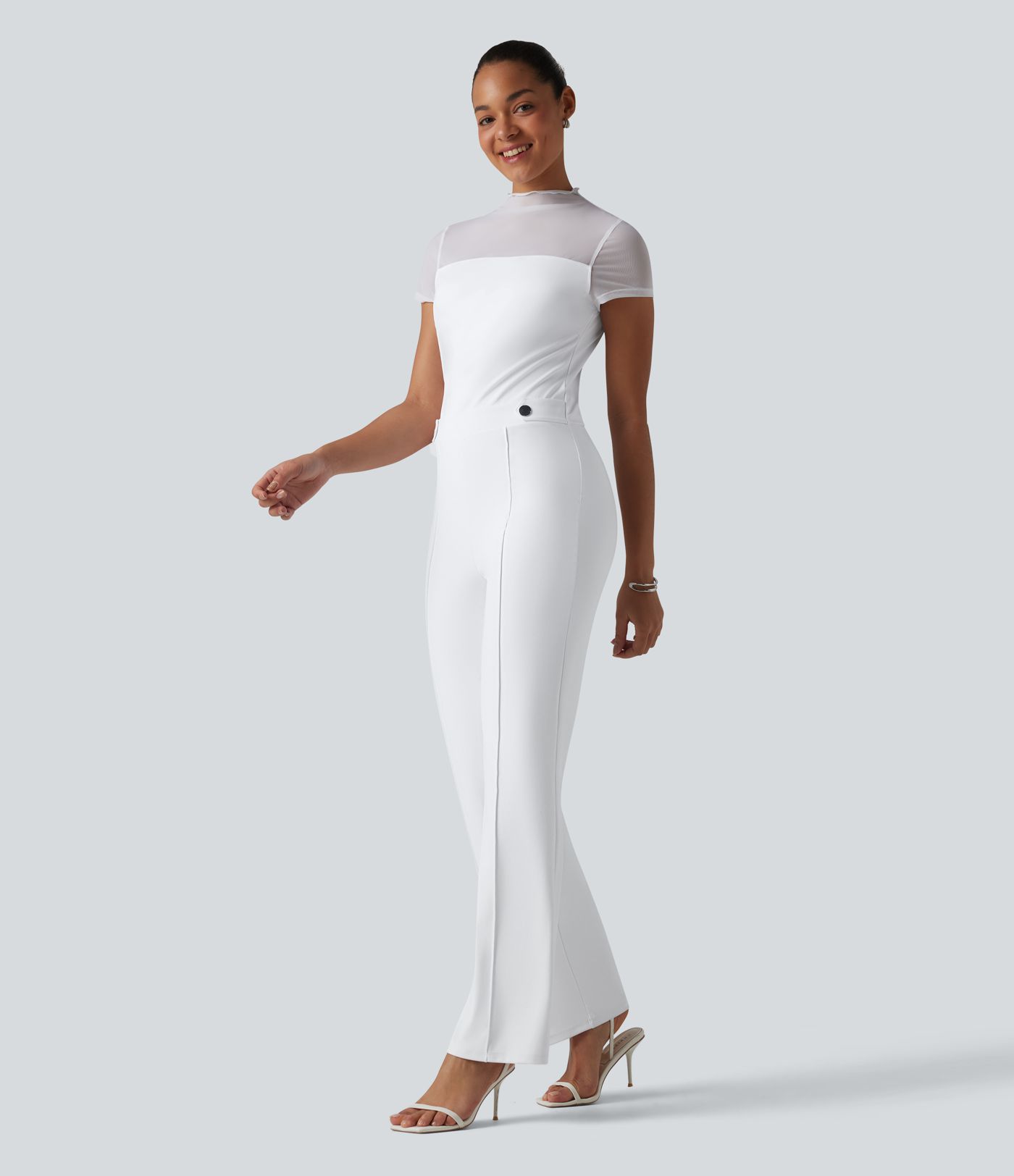 DayStretch Round Neck Short Sleeve Contrast Mesh Jumpsuit-Easy Peezy Edition