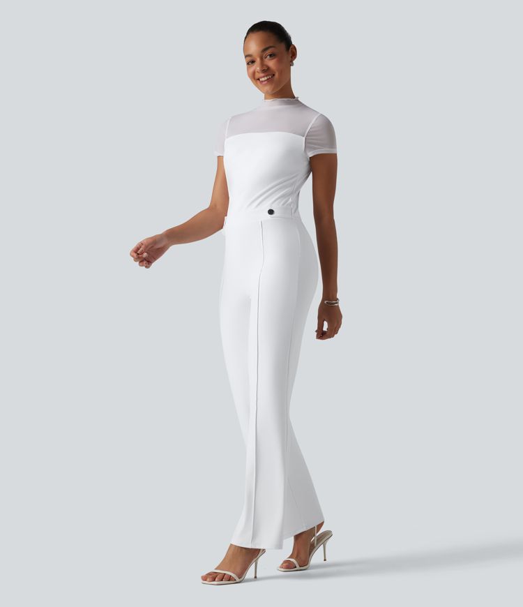 DayStretch Round Neck Short Sleeve Contrast Mesh Jumpsuit-Easy Peezy Edition