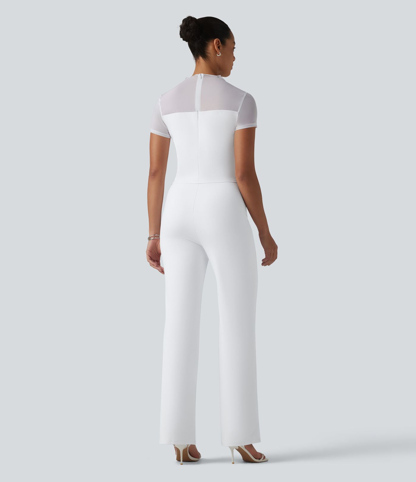 DayStretch Round Neck Short Sleeve Contrast Mesh Jumpsuit-Easy Peezy Edition
