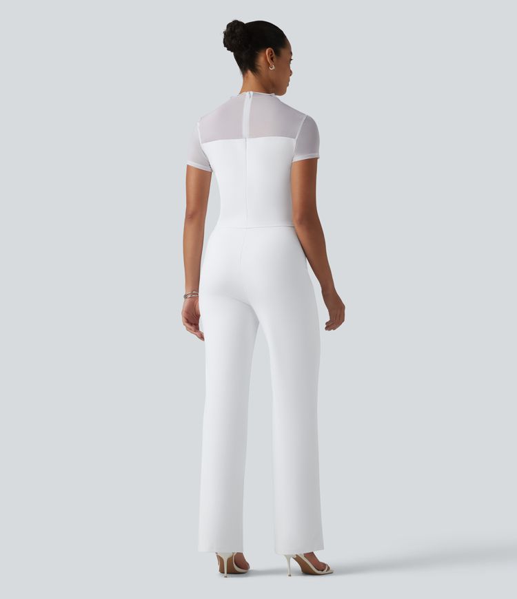DayStretch Round Neck Short Sleeve Contrast Mesh Jumpsuit-Easy Peezy Edition