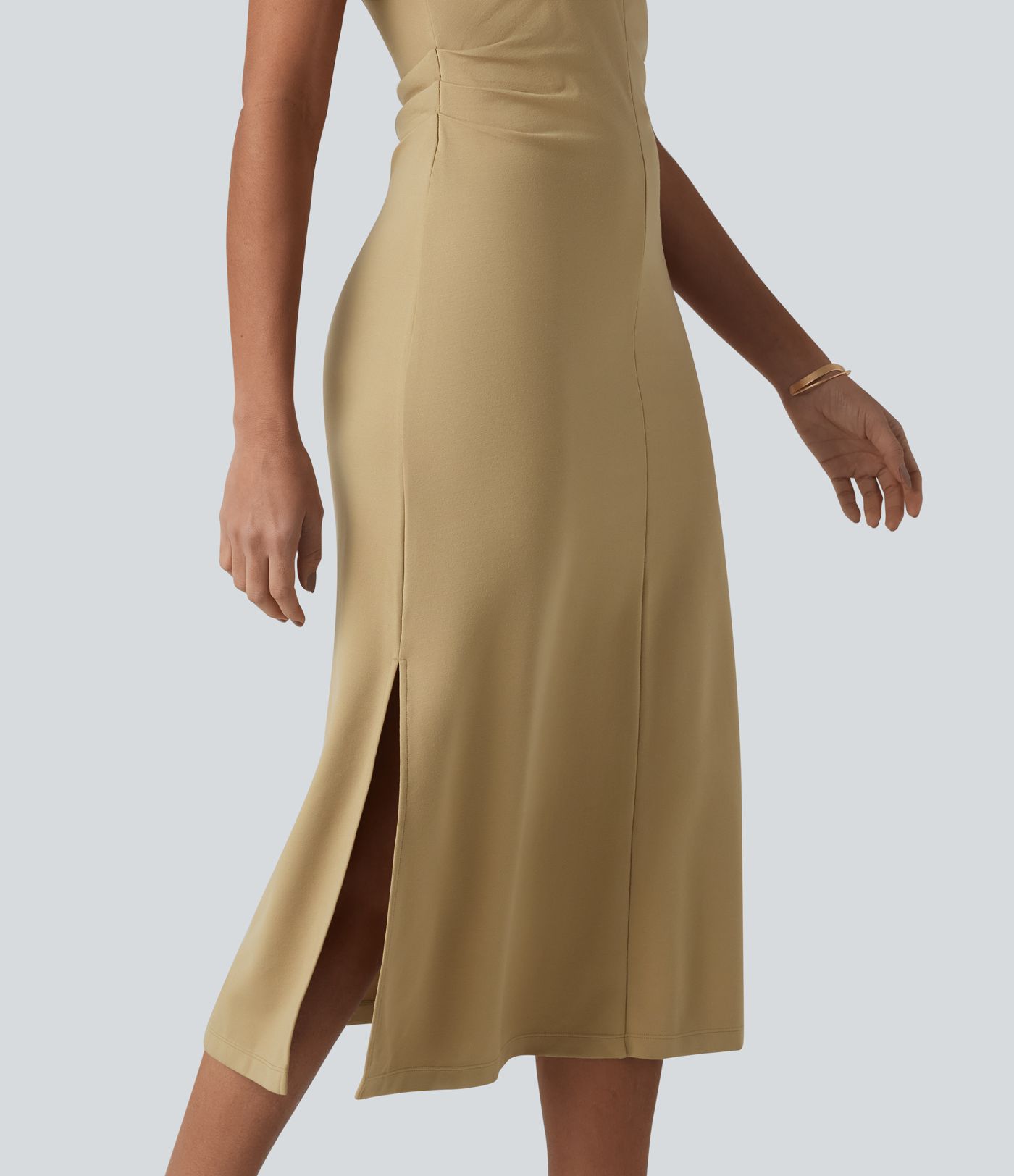 Robe midi décontractée à manches courtes et col en V en maille sculptante