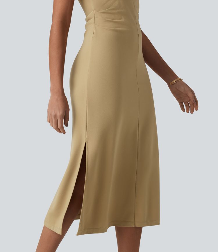 Robe midi décontractée à manches courtes et col en V en maille sculptante