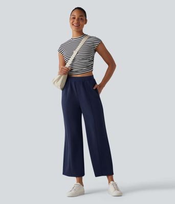 SpacerTek™ High Waisted Wide Leg Casual Trousers with Pockets