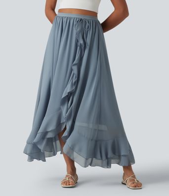 High Waisted High Low Ruffle Flowy Maxi Skirt