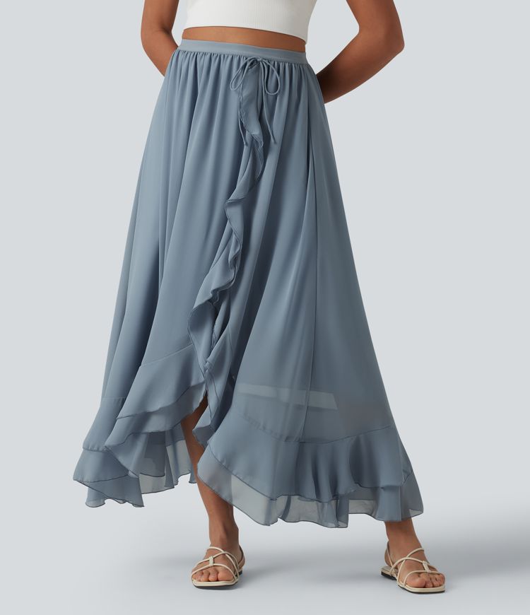 High Waisted High Low Ruffle Flowy Maxi Skirt