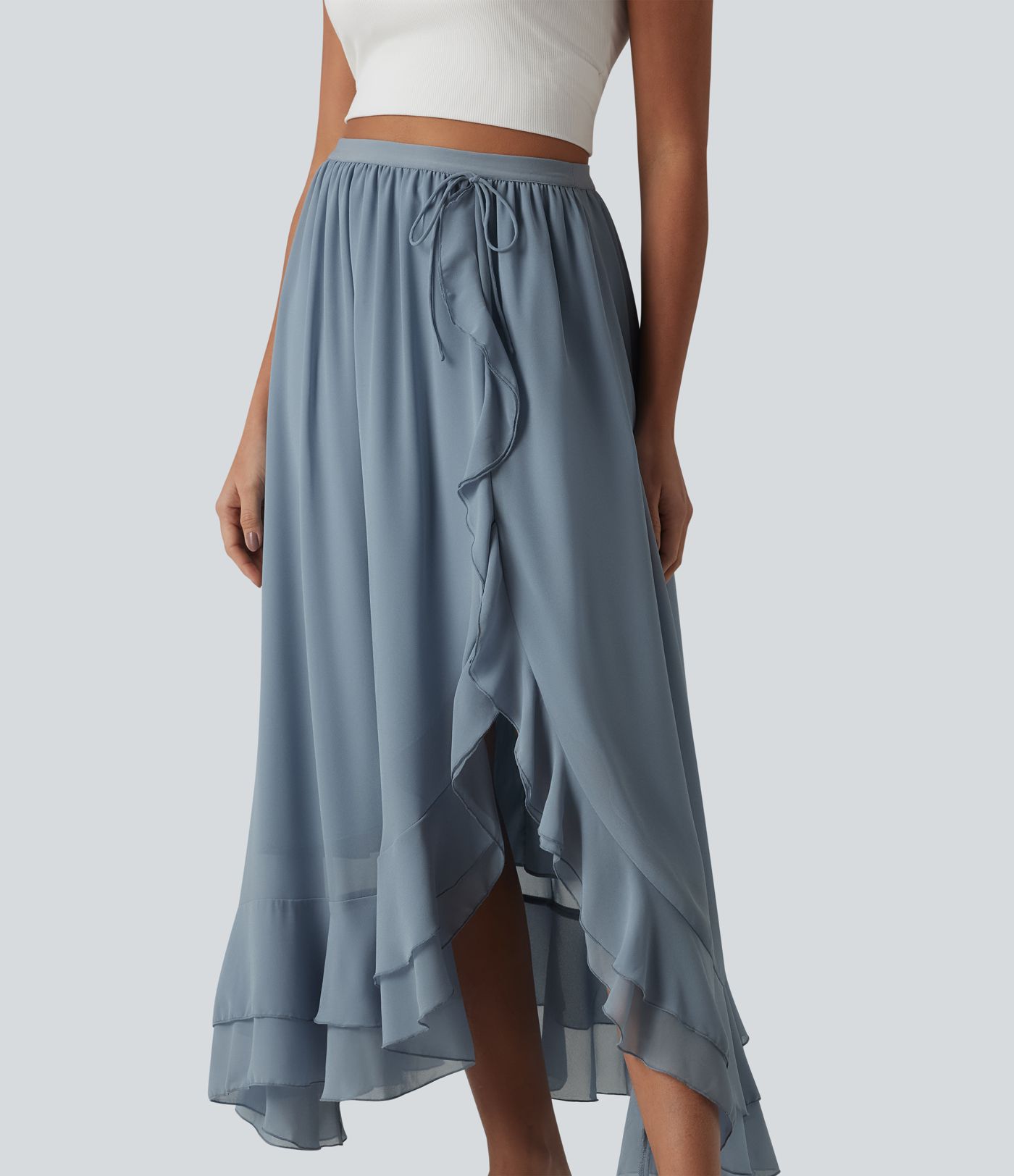 High Waisted High Low Ruffle Flowy Maxi Skirt