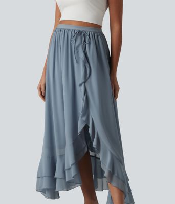 High Waisted High Low Ruffle Flowy Maxi Skirt
