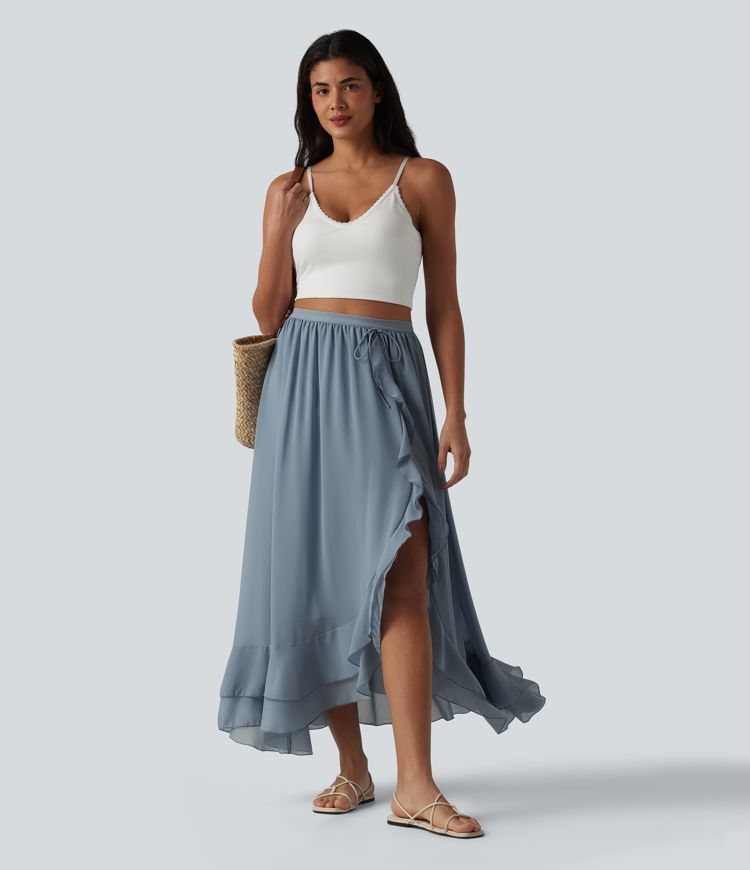 High Waisted High Low Ruffle Flowy Maxi Skirt
