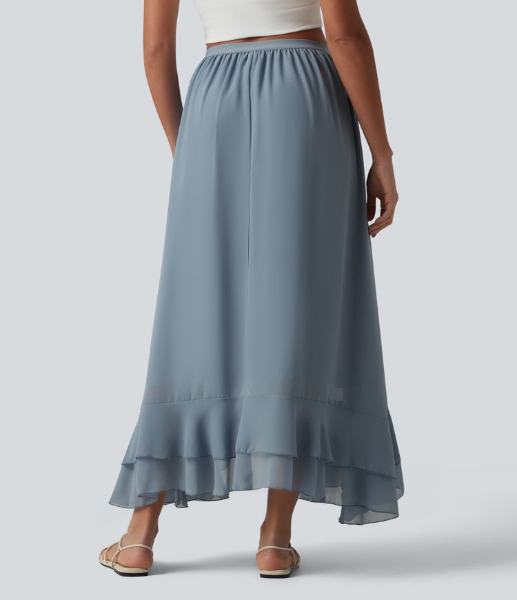 High Waisted High Low Ruffle Flowy Maxi Skirt
