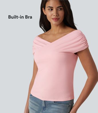 Ribbed Knit Built-in Bra Short Sleeve Casual T-Shirt