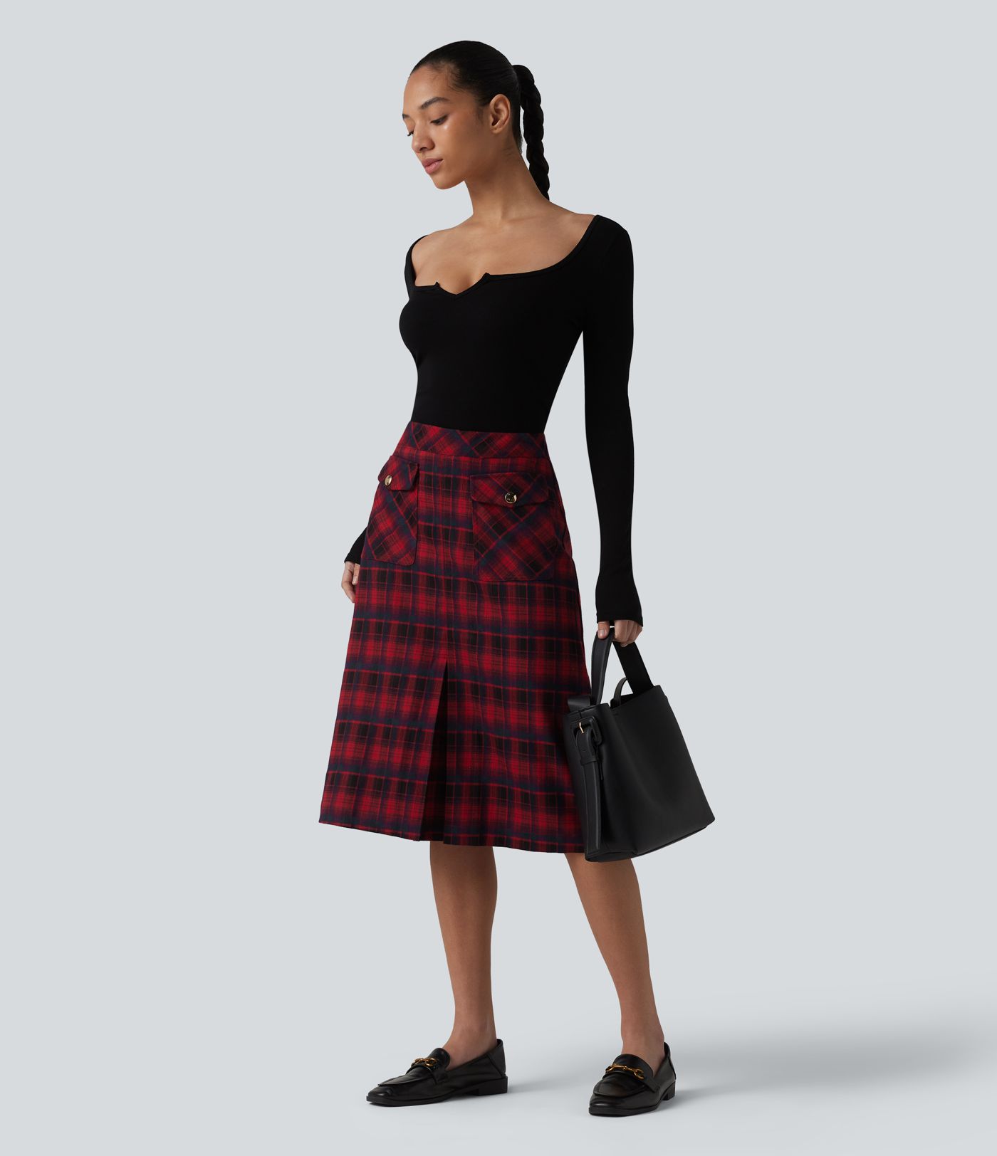 Mid Rise A-Line Plaid Midi Work Skirt with Pockets