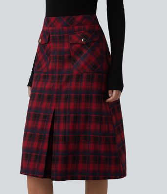 Mid Rise A-Line Plaid Midi Work Skirt with Pockets