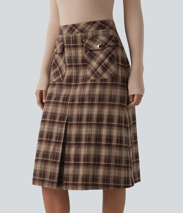 Jupe midi tailleur trapèze taille mi-haute à carreaux tartan, avec poches