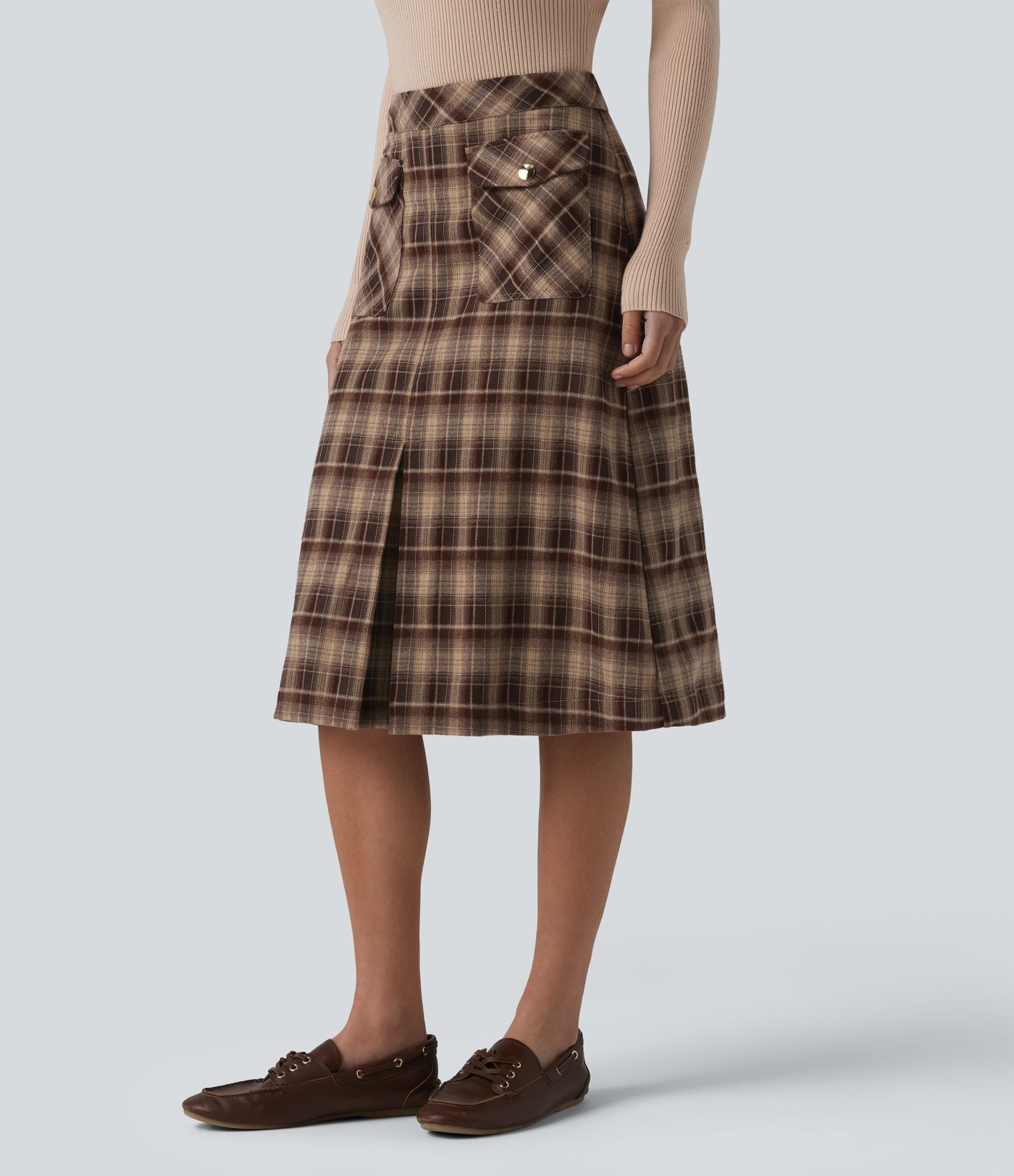 Jupe midi tailleur trapèze taille mi-haute à carreaux tartan, avec poches