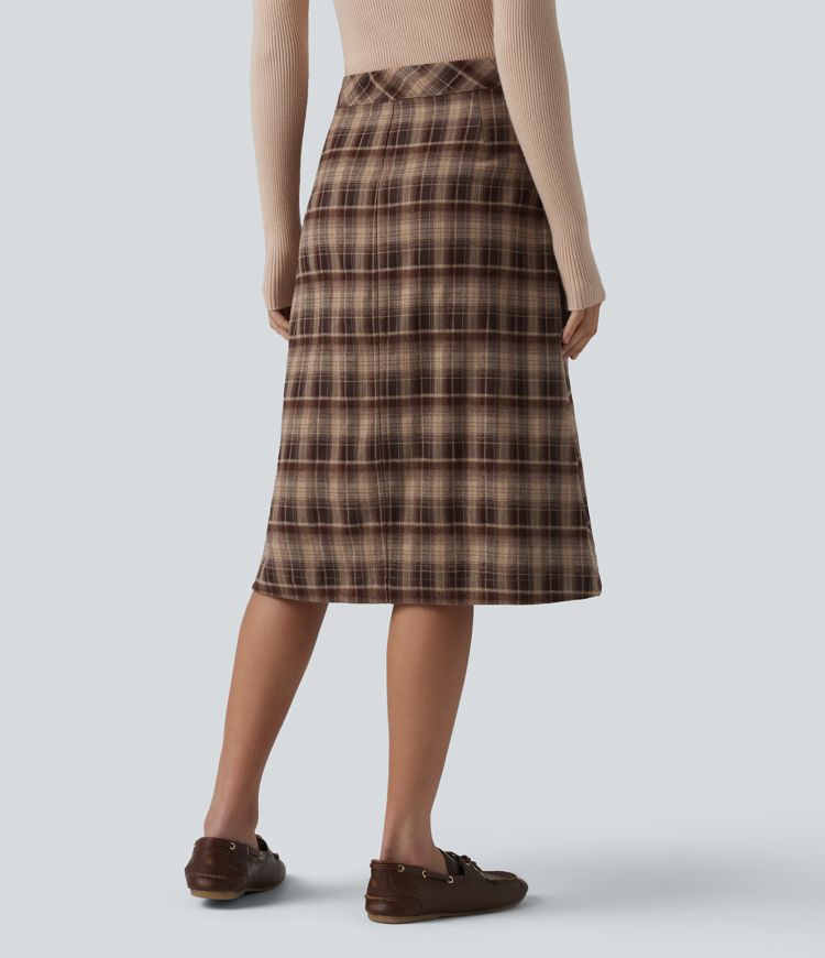 Jupe midi tailleur trapèze taille mi-haute à carreaux tartan, avec poches