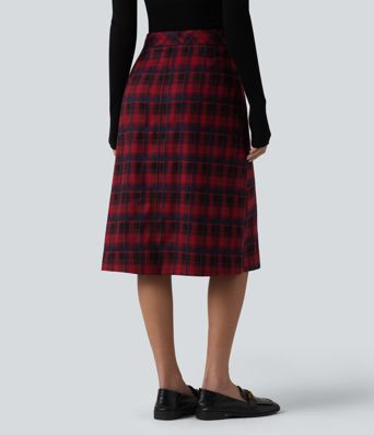 Mid Rise A-Line Plaid Midi Work Skirt with Pockets