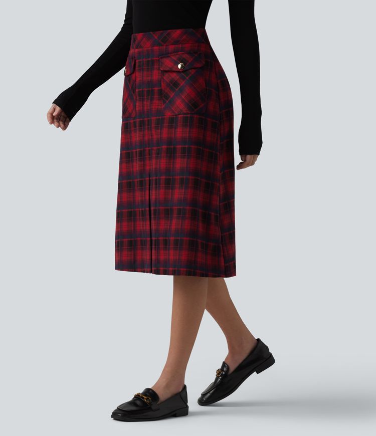 Mid Rise A-Line Plaid Midi Work Skirt with Pockets