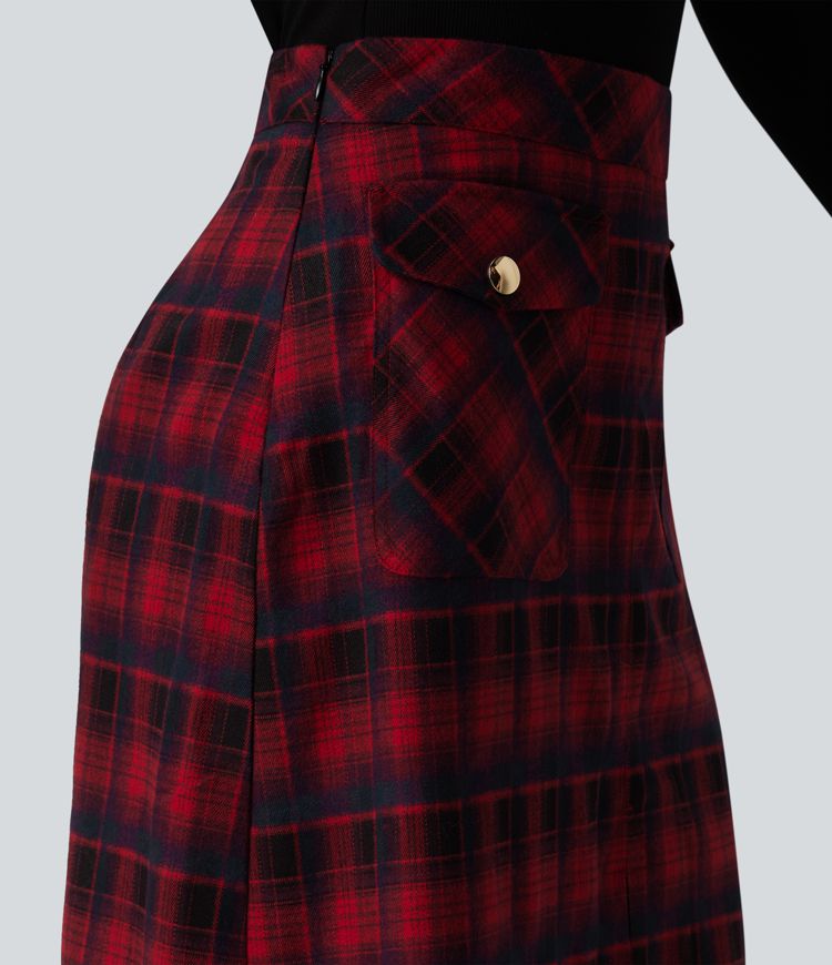 Mid Rise A-Line Plaid Midi Work Skirt with Pockets