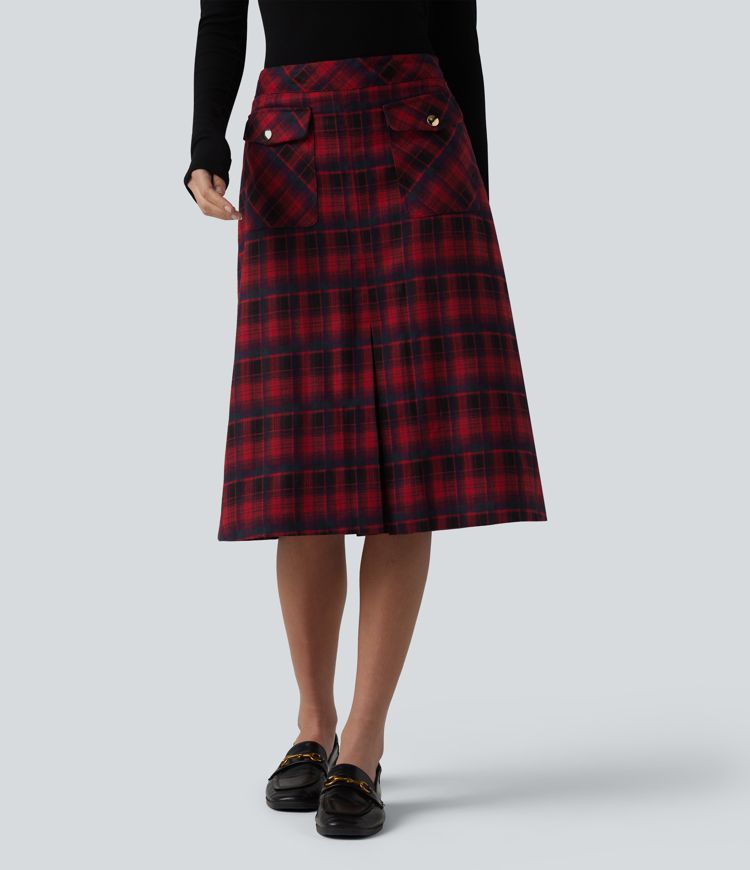 Mid Rise A-Line Plaid Midi Work Skirt with Pockets
