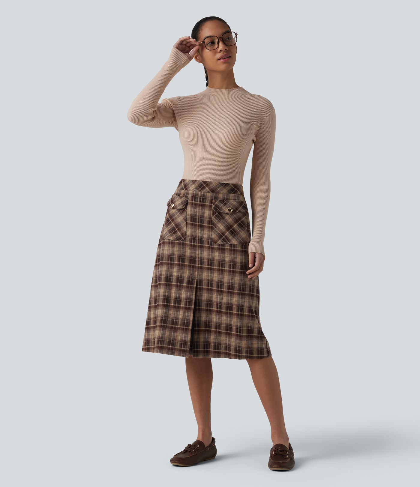 Jupe midi tailleur trapèze taille mi-haute à carreaux tartan, avec poches