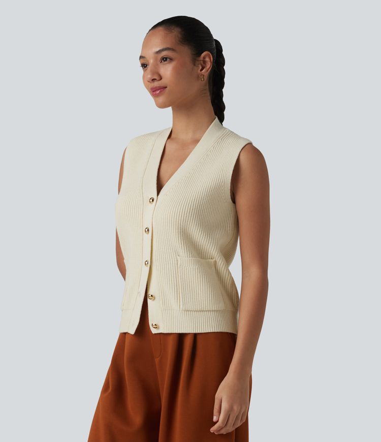 V-neck Button Fly Casual Sweater Vest with Pockets