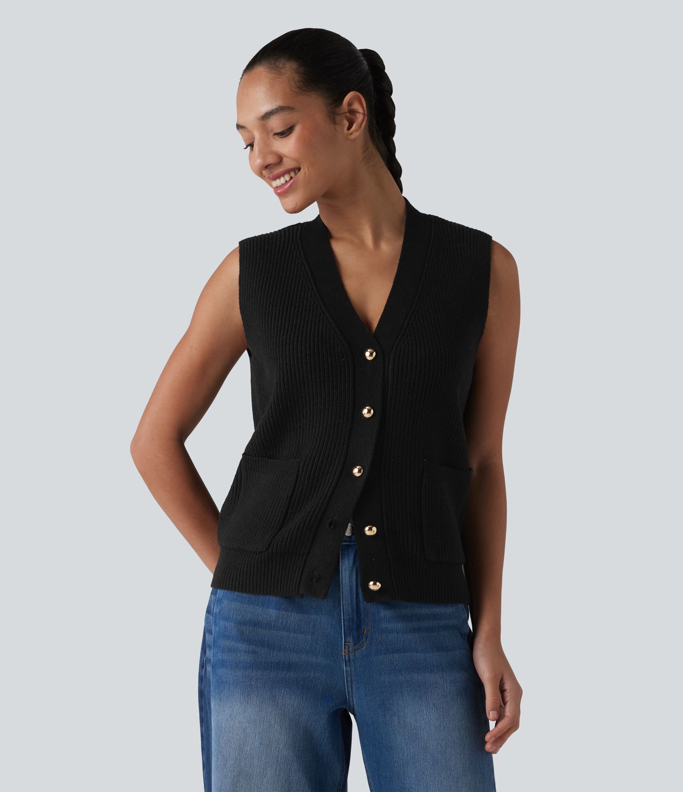 V-neck Button Fly Casual Sweater Vest with Pockets