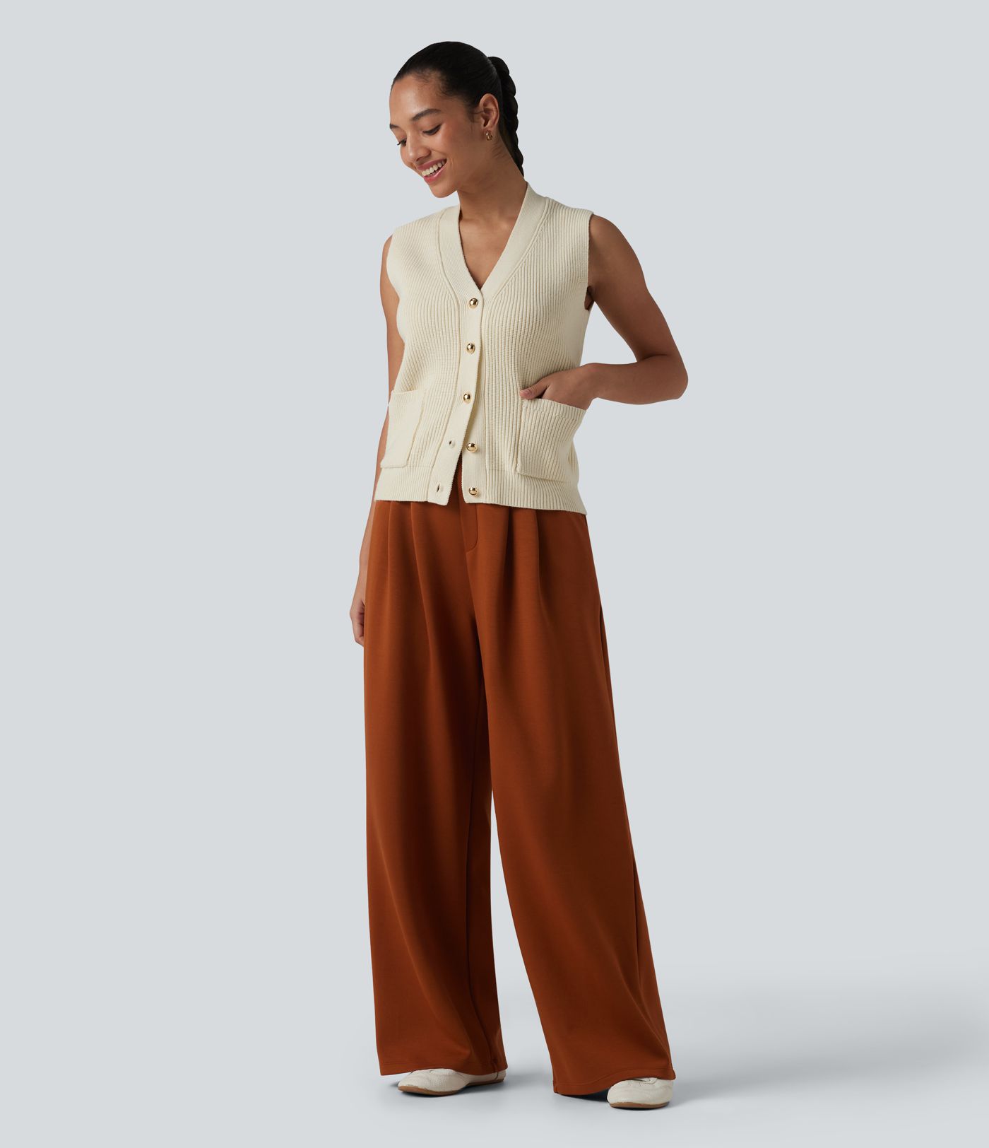 V-neck Button Fly Casual Sweater Vest with Pockets