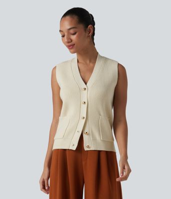 V-neck Button Fly Casual Sweater Vest with Pockets