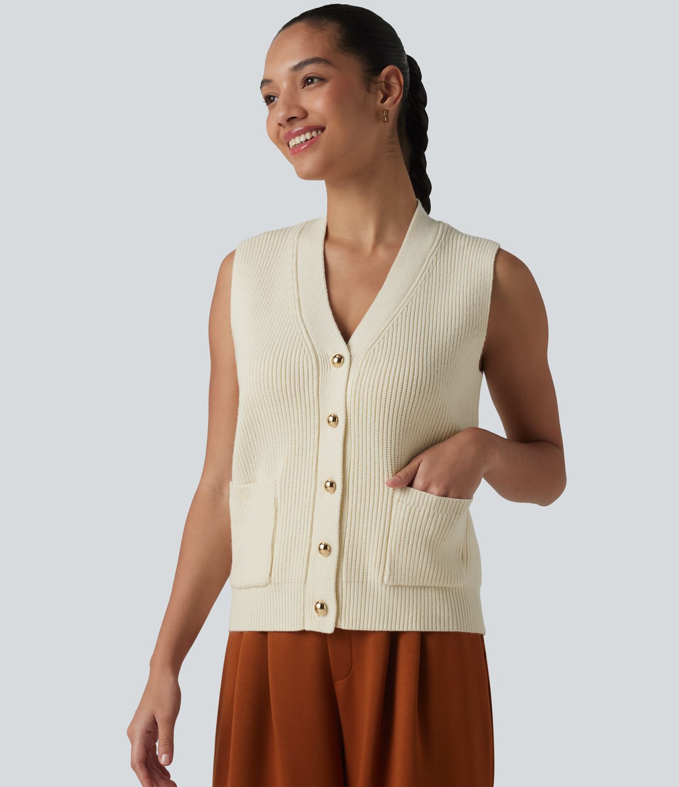 V-neck Button Fly Casual Sweater Vest with Pockets
