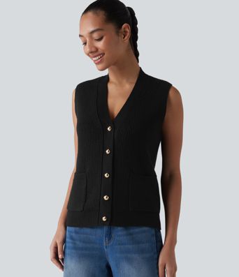 V-neck Button Fly Casual Sweater Vest with Pockets