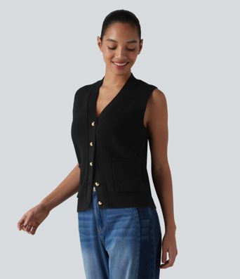 V-neck Button Fly Casual Sweater Vest with Pockets