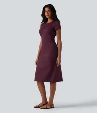 Round Neck Short Sleeve Cut Out Midi Casual Dress