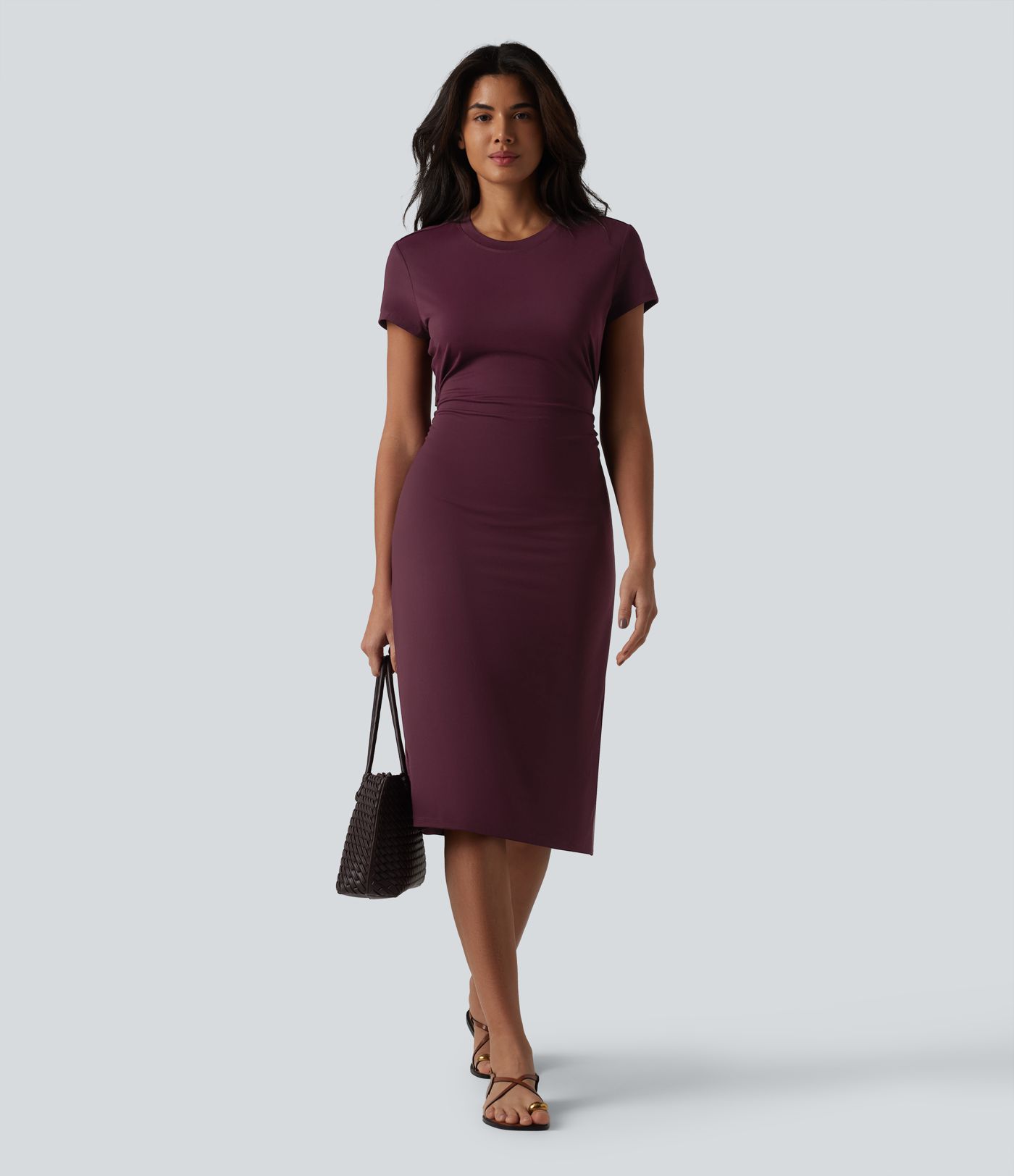 Round Neck Short Sleeve Cut Out Midi Casual Dress
