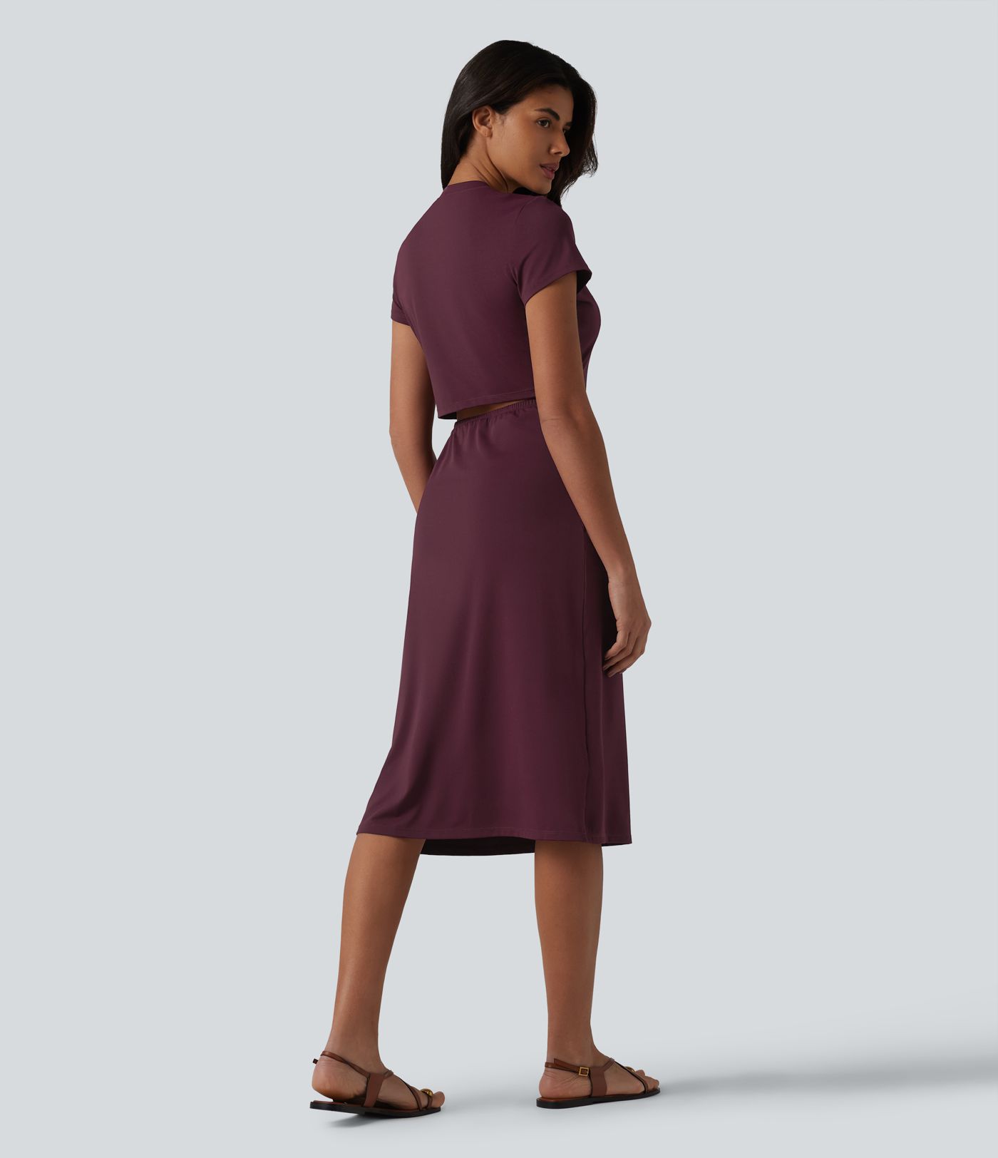 Round Neck Short Sleeve Cut Out Midi Casual Dress