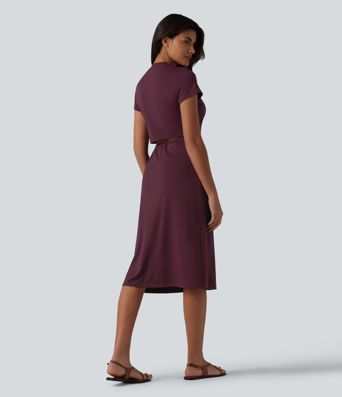 Round Neck Short Sleeve Cut Out Midi Casual Dress