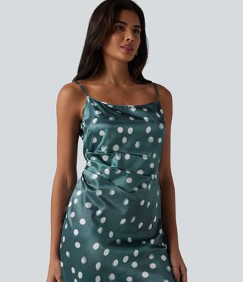 Robe mariage maxi en satin à pois froncée avec fermeture éclair invisible et lien noué dans le dos pour demoiselle d'honneur et invitée de mariage