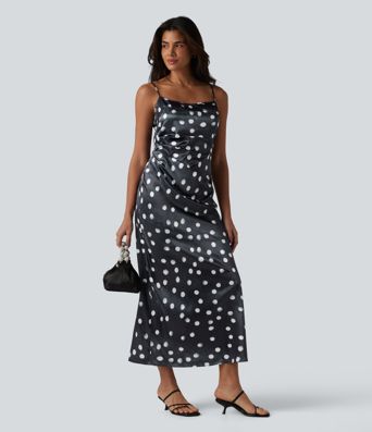 Robe mariage maxi en satin à pois froncée avec fermeture éclair invisible et lien noué dans le dos pour demoiselle d'honneur et invitée de mariage