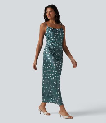 Robe mariage maxi en satin à pois froncée avec fermeture éclair invisible et lien noué dans le dos pour demoiselle d'honneur et invitée de mariage