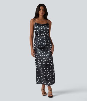 Robe mariage maxi en satin à pois froncée avec fermeture éclair invisible et lien noué dans le dos pour demoiselle d'honneur et invitée de mariage