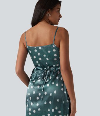 Robe mariage maxi en satin à pois froncée avec fermeture éclair invisible et lien noué dans le dos pour demoiselle d'honneur et invitée de mariage