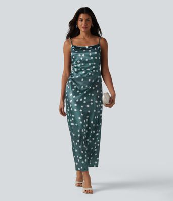 Robe mariage maxi en satin à pois froncée avec fermeture éclair invisible et lien noué dans le dos pour demoiselle d'honneur et invitée de mariage