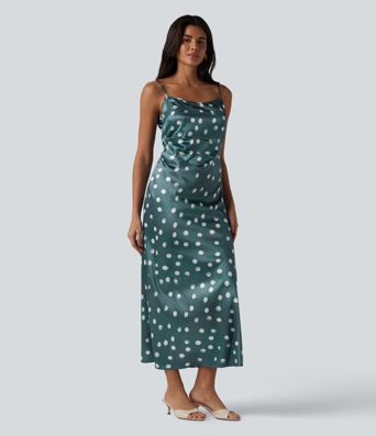 Robe mariage maxi en satin à pois froncée avec fermeture éclair invisible et lien noué dans le dos pour demoiselle d'honneur et invitée de mariage