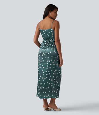 Robe mariage maxi en satin à pois froncée avec fermeture éclair invisible et lien noué dans le dos pour demoiselle d'honneur et invitée de mariage
