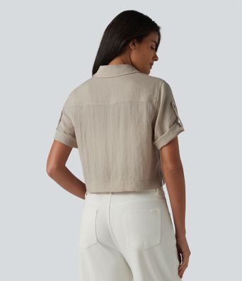 Roll Up Short Sleeve Cropped Casual Linen-Blend Shirt with Pockets Roll Up Short Sleeve Cropped Casual Linen-Blend Shirt with Pockets
